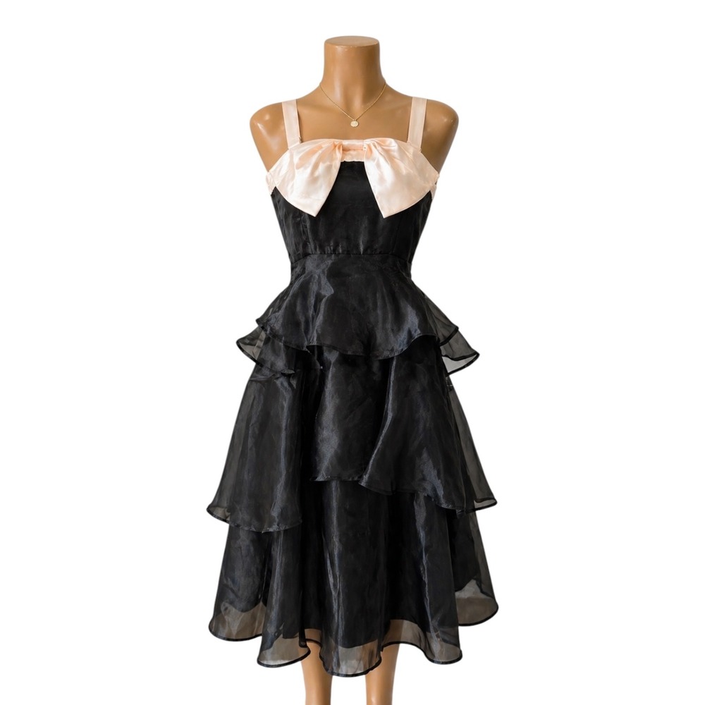 Lulus Womens Tiered Organza Midi Dress Black White Bow Formal Prom Gown